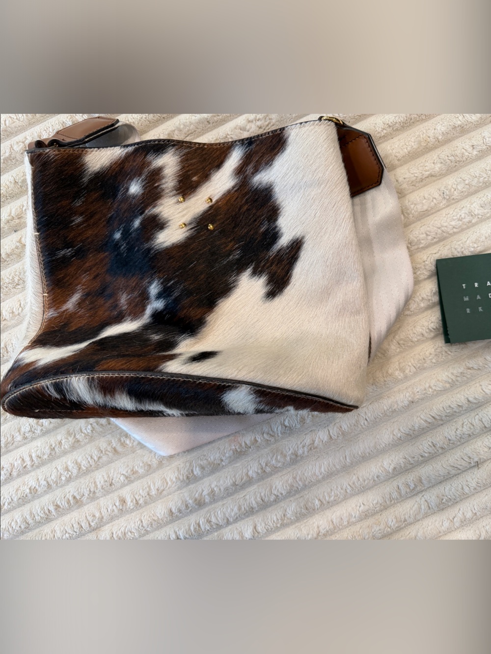 Cowhide Brown & White Shoulder Bag with Gold Stud Detail
